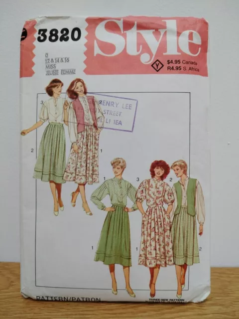 Style Sewing Pattern 3820 Vintage 1980s Skirt Blouse & Waistcoat Size 12 cut.