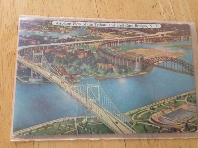 Vintage Post Card Airplane View of the Triboro and Hell Gate Bridges New York