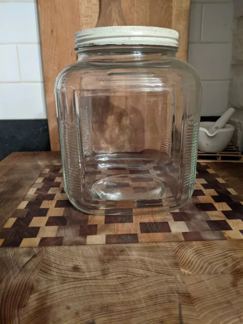 Vintage Hoosier Cabinet Square Ribbed Gallon Glass Jar with Metal Lid