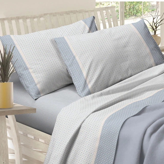 Completo Lenzuola Matrimoniale 2 Piazze Cotone Preziosa Alba 42 Azzurro