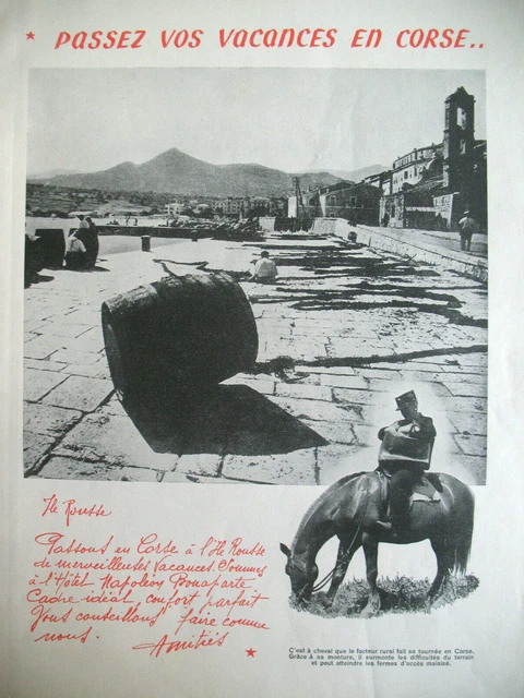 PUBLICITE DE PRESSE CORSE VACANCES TOURISME FACTEUR TOURNéE A CHEVAL AD 1947