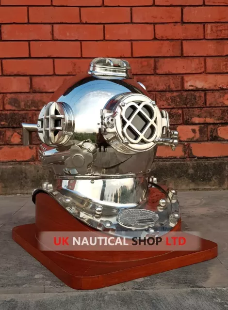 Chrome plated scuba diving helmet with brown wooden base - Nautical home décor