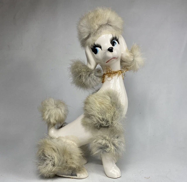 VINTAGE 9& TaLL MCM White Porcelain PooDLe Dog Figurine with Fur Made