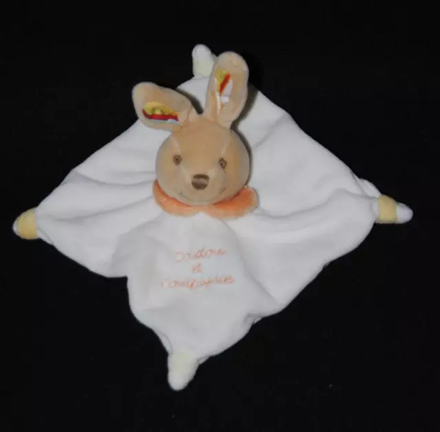 Mini lapin plat blanc DOUDOU ET COMPAGNIE col orange 15*15 cm TTBE