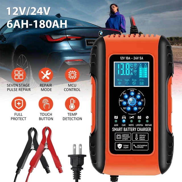 Car Battery Charger 10A 12/24V 7Stage Intelligent Automatic Pulse Repair Starter