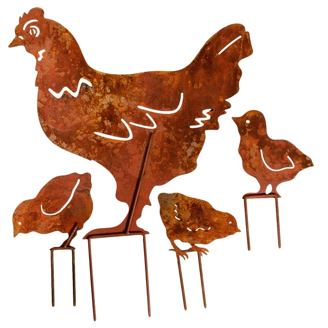 Conjunto de 4 asador con gallina pollo hierro herrumbroso estilo antiguo 3