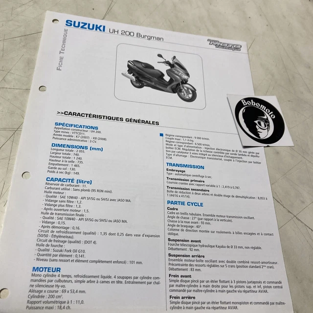 Suzuki UH200 Burgman K7 K8 Uh 200 2007 2008 Scheda Tecnica Moto Pistone Scooter