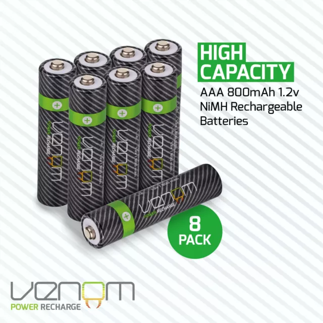 Venom Rechargeable AAA Batteries - High Capacity 800mAh 1.2V NiMH - Pack of 8