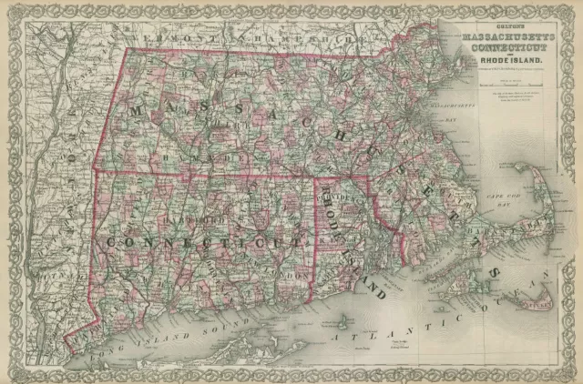 Colton's Massachusetts, Rhode Island & Connecticut. New England South 1869 map