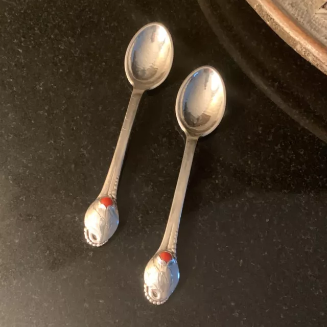 2 Evald Nielsen Denmark No. 10 830 Silver 4 1/2" Demitasse Spoons Coral Cabochon