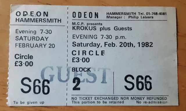 Krokus *Unused* Ticket Hammersmith Odeon London 20 Feb 1982  RARE!