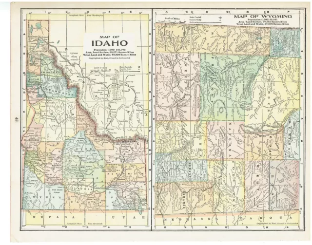 1903 State Maps of Idaho & Wyoming and Colorado Highly Detailed 10.5x13.5