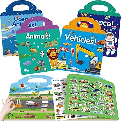 Sticker Books Toys for 2 3 4 Year Olds Boys Girls, 4 Pack Reusable Clear Static