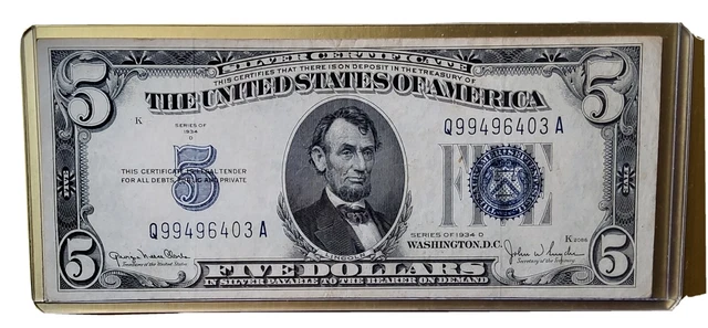 $5.00 Dollar Series 1934 D bill ateo, Q 99496403 A