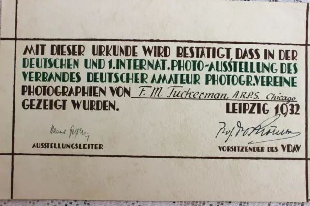 Antique 1933 German Photography Certificate From Exhibit Signed