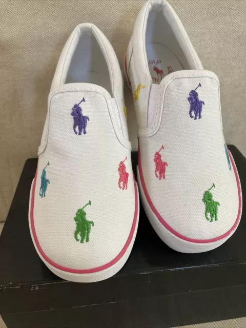 New Ralph Lauren Girls Bal Harbour Canvas Shoes, White Multi Ponies Size 12