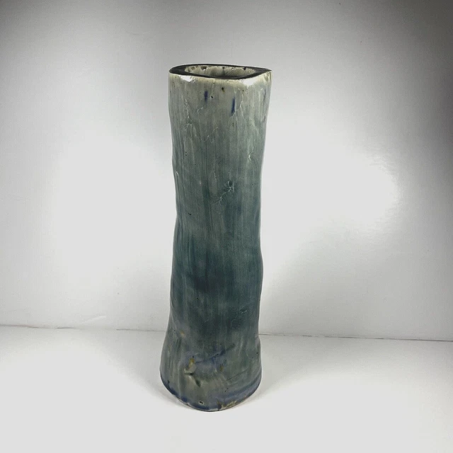 Signed Studio Art Pottery Bud Vase Gray Blue Glazed Handmade Unique Tall