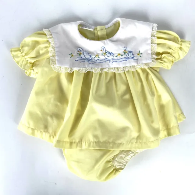 Vintage Baby Girl Outfit Top with Diaper Cover Yellow White Embroidered Ducks