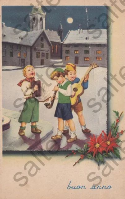 A52-119 Cartolina Buon Anno Neve Bambini Musica Viaggiata 1955