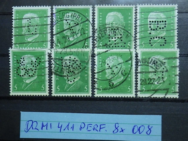 Deutsches Reich 8 x MI. 411 Perfin Perfins Firmenlochung Lot gestempelt 008
