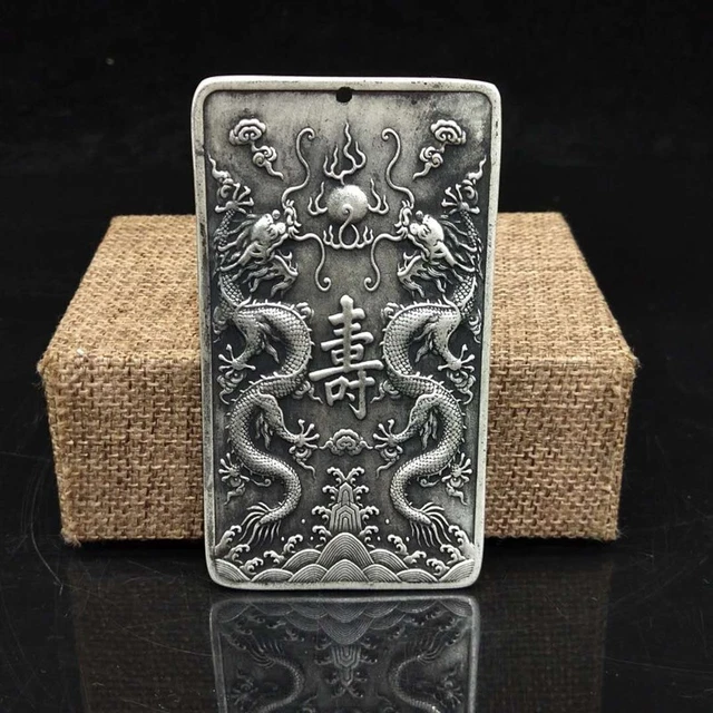 Old Chinese tibet silver handcarved Double Dragon lucky Pendant waist tag