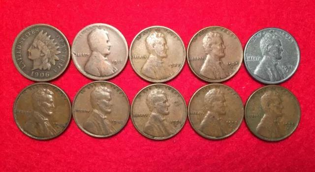 Lot Of 10 Vintage Indian Head & Lincoln Wheat Penny 1 Cent US Coins SHIPS FREE