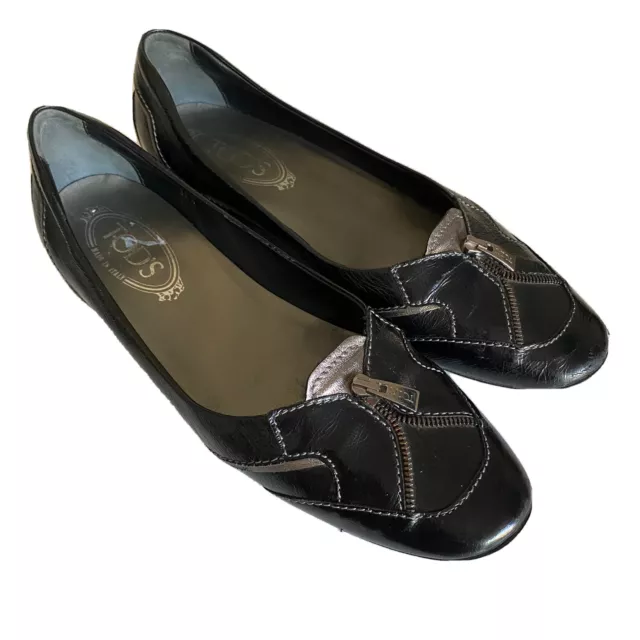 TOD's Ballet Flat Round Toe Zipper Black Patent Leather Slip On 38.5 8