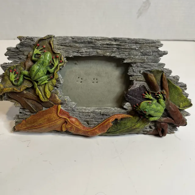 Unique Picture Frame With Frogs On Lilly Pads On A Log Made Out Of A Resin.