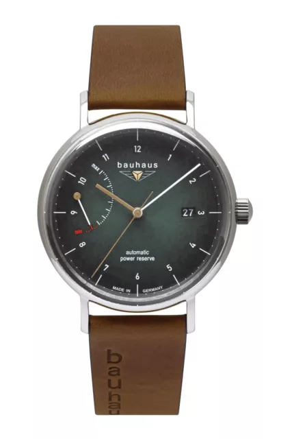 Bauhaus Herrenuhr Automatik mit Lederband Powerreserve Datum Grün / Braun 2160-4