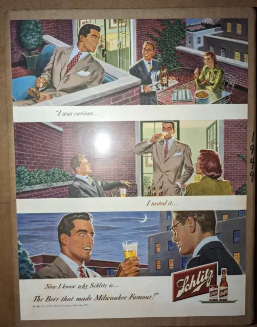 Orig. 1949 Schlitz Beer Print AD Condo cocktail gathering in city 40's fashion