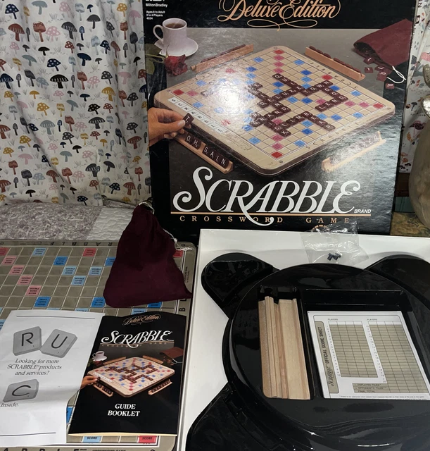 SCRABBLE DELUXE Turntable Crossword Game Wood Tiles Spinning Board