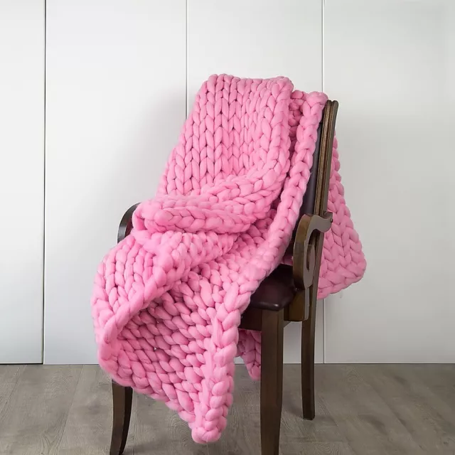 Pink Hand Knitted Chunky Blanket Thick Acrylic Yarn Blanket Home Decor Throw Rug