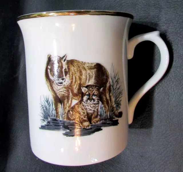 Mom Mountain Lion Cougar w Cub Vintage 1980's White Porcelain Cup Mug Gold Rim