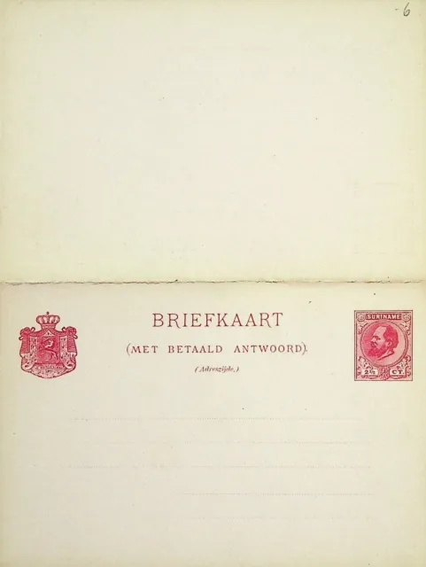 Suriname Ungebraucht 2½ C King William III Postal Briefpapier Karte Mit Antwort