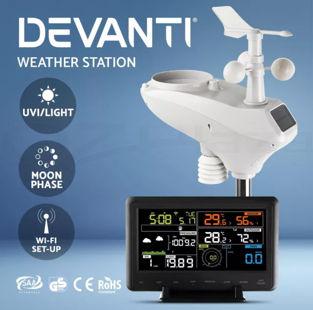 Devanti Weather Station Indoor Outdoor Wireless WiFi Rain Gauge Solar Sensor UV