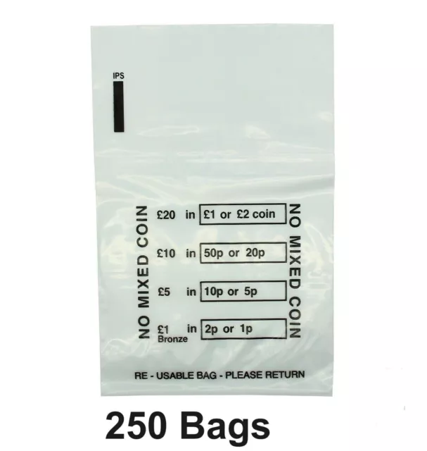 250 X Plastic Coin Bags - Money Bank Bags No Mixed Coins Change  Cash Retail Bag