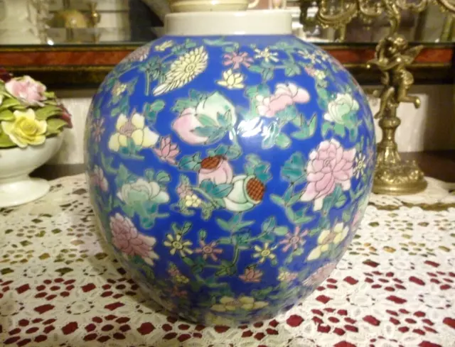 Beautiful Vintage Large Round Blue Pink Flowers China Jar without lid  Art Deco