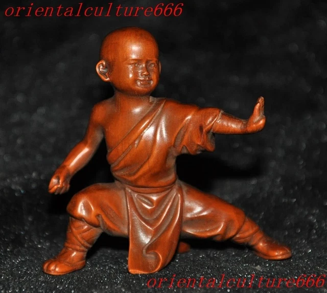 2.8"Chinese Buddhism boxwood wood carven Feng shui child monk Buddha statue