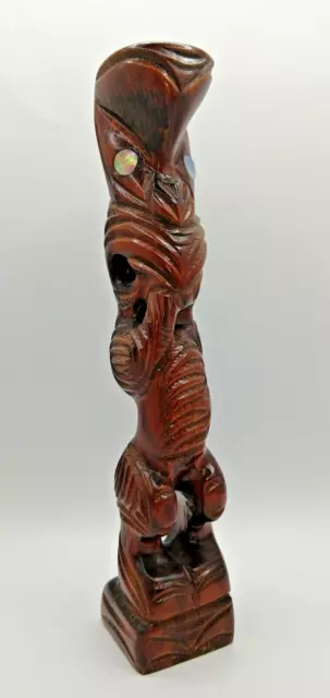 Tiki Wooden Carved Figure Statue Shell Eyes New Zealand Maori 9" Wood Carving