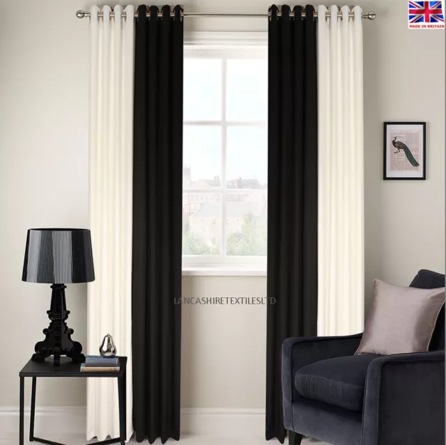 Ring Top Fully Lined 2 Tone Black/Cream Ready Made Pair Eyelet Curtains Free P&P