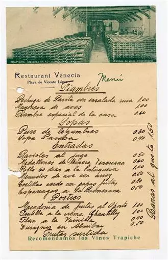 Restaurant Venecia Menu Playa de Vicente Lopez Buenos Aires Argentina 1930's