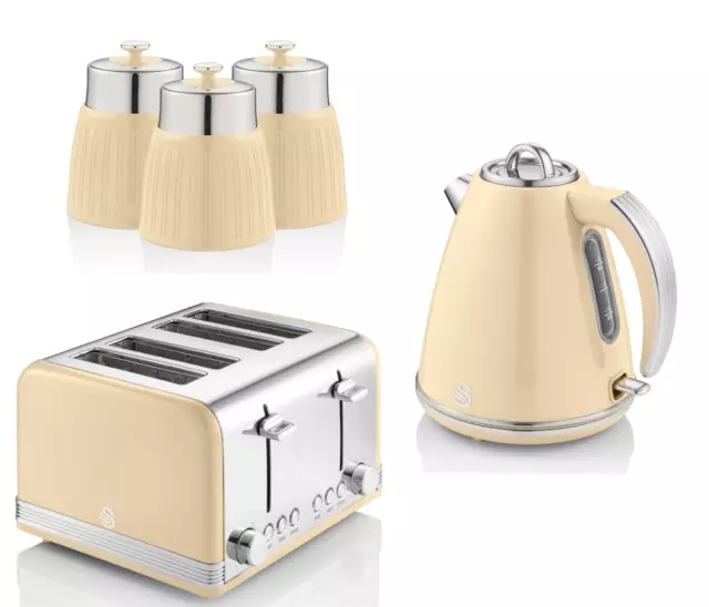 Swan Retro Cream Jug Kettle 4 Slice Toaster & Canisters Matching Kitchen Set
