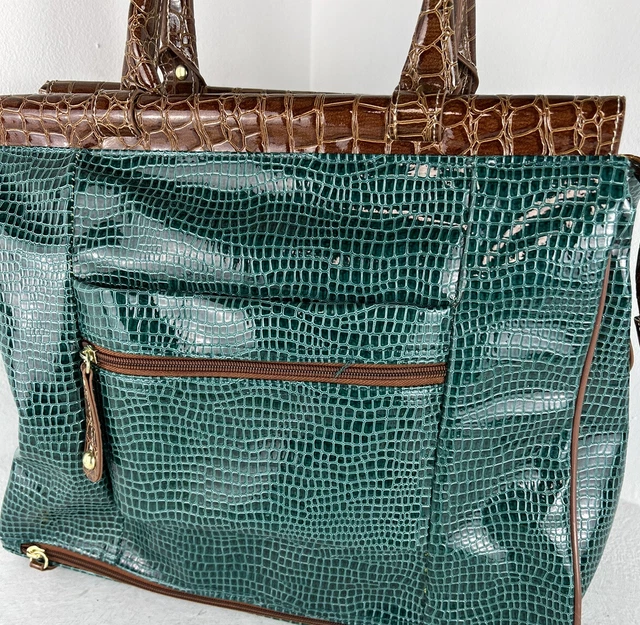 Samantha Brown Dowel Travel Bag Croc Embossed Green Brown Weekender Carry On 4