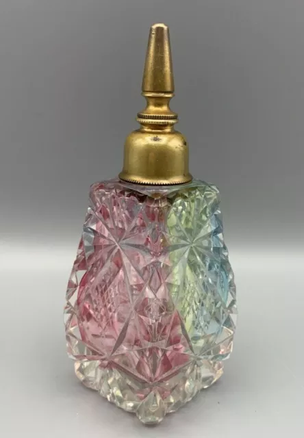 Vr Rainbow Cut Glass Perfume Scent Cologne Bottle American Brilliant Brass Gilt