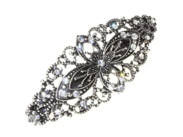 Vintage Silver Crystal Diamante Filigree French Barrette Hair Clip Bridal