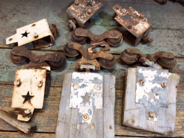 Lot Of Antique Vintage Barn Door Rollers And Brackets With Star