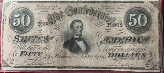 T-66 1864 Richmond Csa $50 Fifty Dollars Confederate Currency Note Vf+