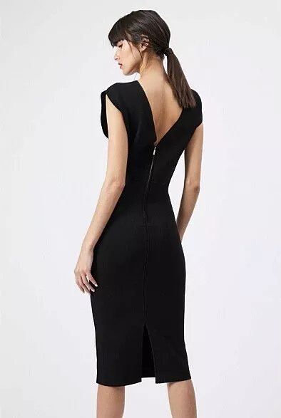 WITCHERY Black Milano Knit V-Neck Cap Sleeve Midi Sheath Dress Sz M 12 RRP $300