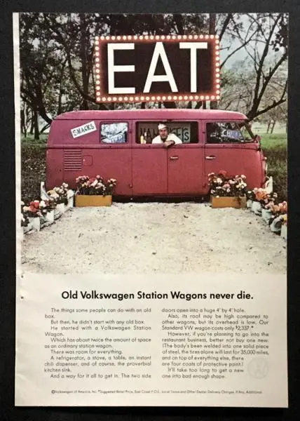 1966 VW Van Microbus Food Truck AD "Old Volkswagen Station Wagons never die"