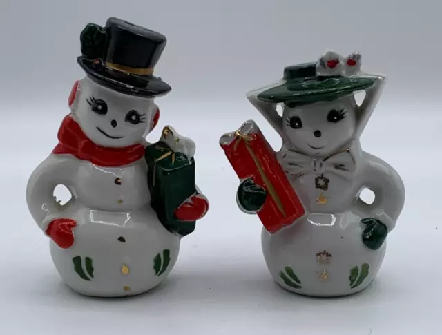 Vintage Mr. & Mrs. Snowman Ceramic Xmas Salt & Pepper Shakers 1950s Japan